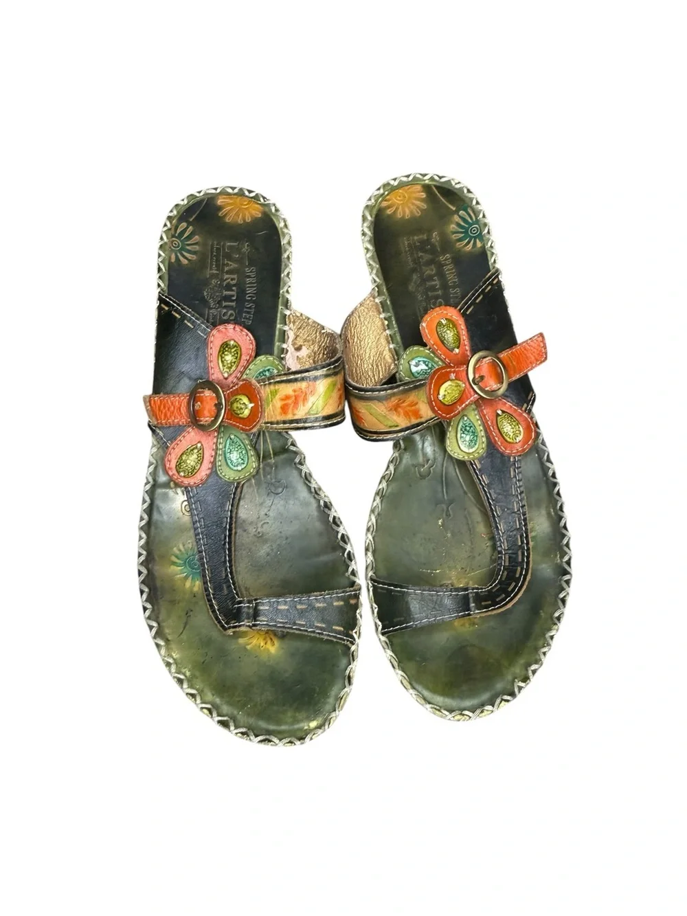 L'ATISTE Green Leather Boho Sandals with Orange Floral Accents